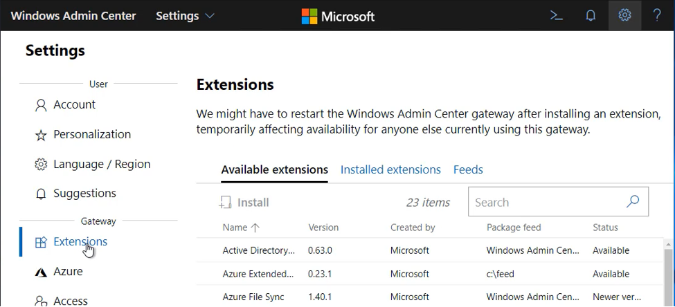 Captura de tela mostrando a guia extensões disponíveis de Configurações