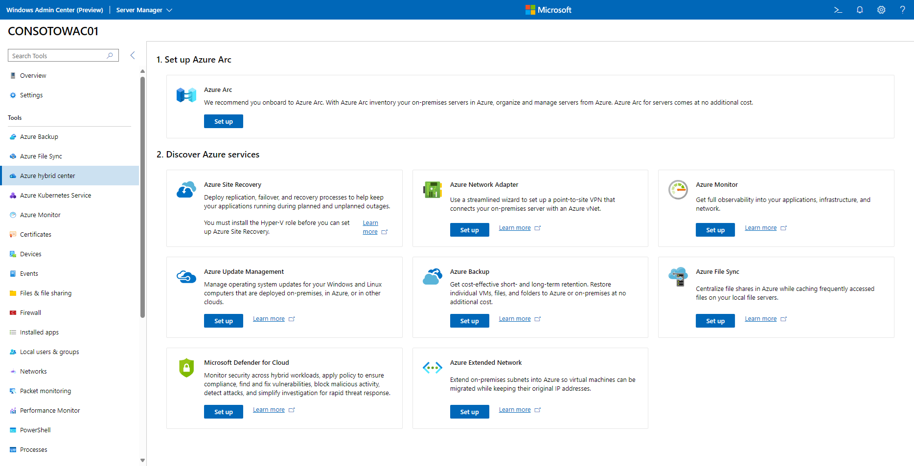 Captura de tela do Windows Admin Center mostrando a ferramenta de Serviços Híbridos do Azure