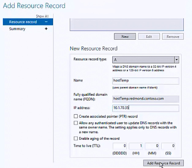 Captura de tela da página Registro de recursos do assistente para Adicionar Registro de Recurso mostrando a seção Novo Registro de Recurso.