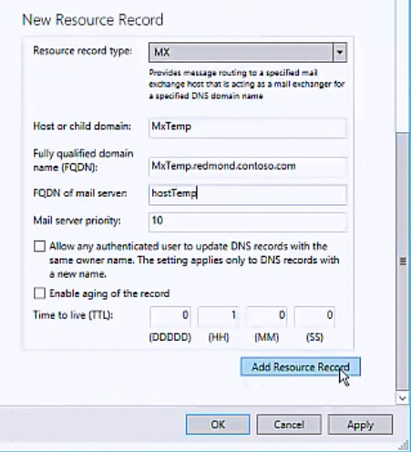 Captura de tela da página Registro de recursos do assistente para Adicionar Registro de Recurso com a opção Adicionar Registro de Recurso realçada.