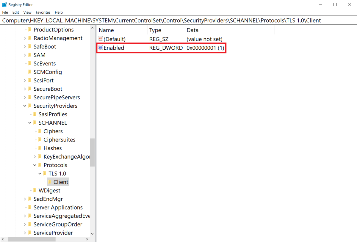 Captura de tela de Definir TLS 1.0 do lado do cliente para Enabled na configuração de registro do Windows Server.