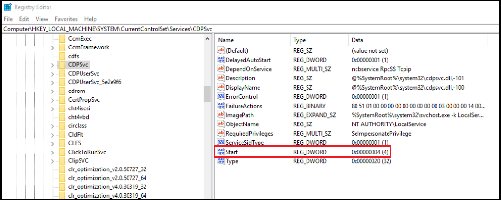 Captura de tela do Registro Editor aberto para HKEY_LOCAL_MACHINE\System\CurrentControlSet\Services\CDPSvc e realçando o valor Iniciar definido como 4.