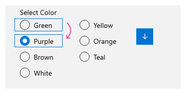 Exemplo de navegação vertical de teclado em um grupo RadioButtons de várias colunas/linhas