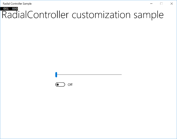 Captura de tela do Exemplo de Controlador Radial com o controle deslizante horizontal definido à esquerda.