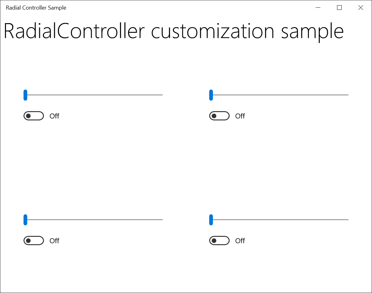 Captura de tela do Exemplo de controlador radial com quatro controles deslizantes horizontais definidos à esquerda.