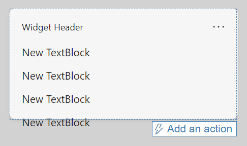 Um cartão adaptável em andamento. Ele mostra um widget com quatro linhas contendo o texto New TextBlock. As quatro linhas de texto ultrapassam a borda inferior do widget.