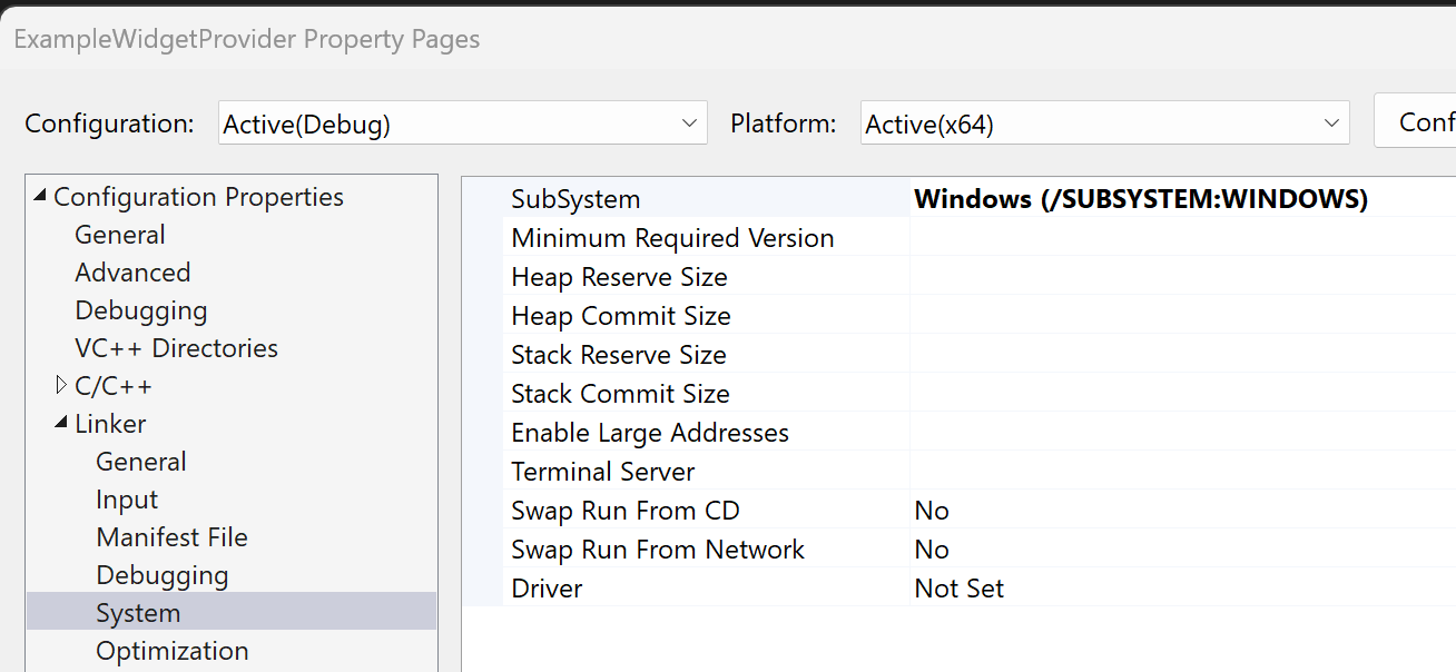 Uma captura de tela que mostra as propriedades do projeto de provedor de widget C++ com o tipo de saída definido como Aplicativo do Windows