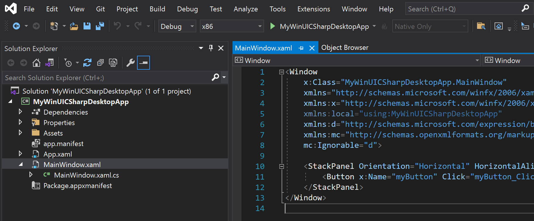 Captura de tela do Visual Studio mostrando o painel do Gerenciador de Soluções e o conteúdo do arquivo principal do Windows XAML.CS para o MSIX de projeto único.