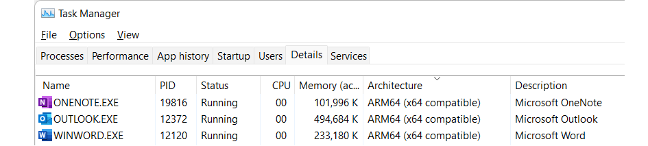 Captura de tela do Gerenciador de Tarefas mostrando ARM64 (compatível com x64) em Detalhes da arquitetura.