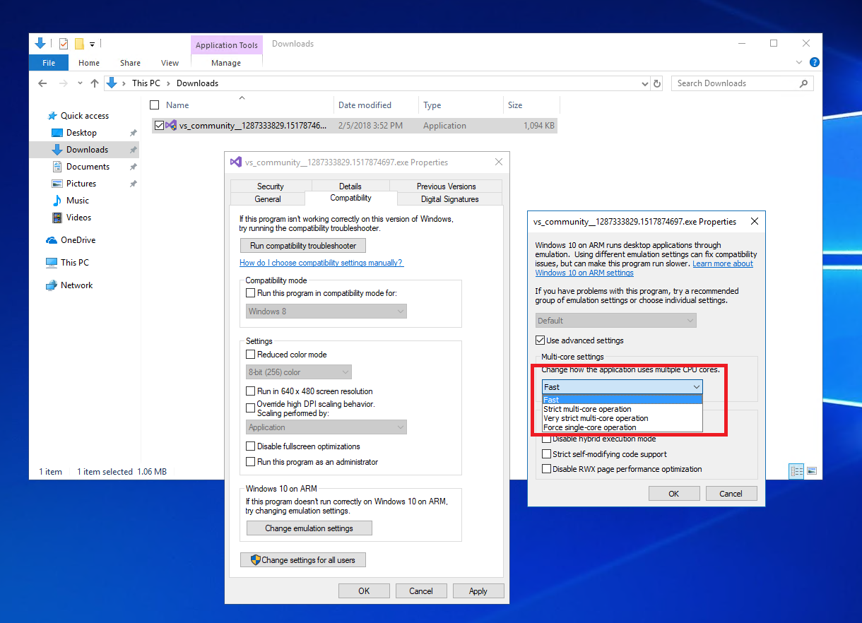 Captura de tela de configurações de vários núcleos