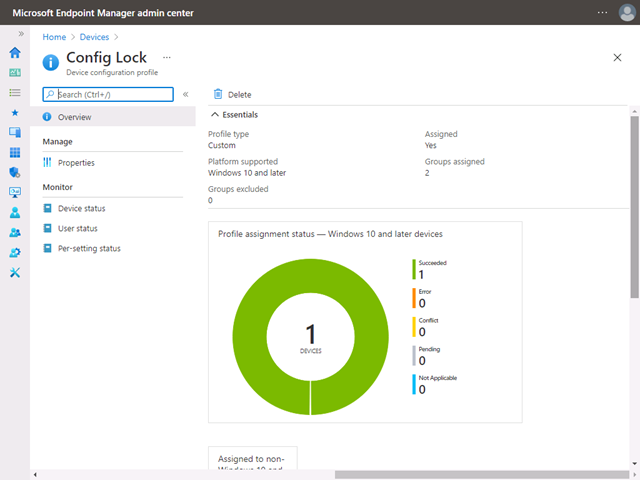 O dashboard Estado da atribuição de perfil ao visualizar o perfil de configuração bloquear configuração do dispositivo, mostrando que um dispositivo conseguiu aplicar este perfil.