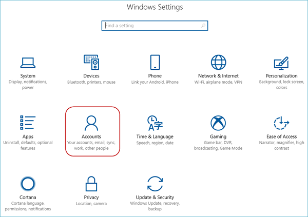 ecrã das definições do Windows