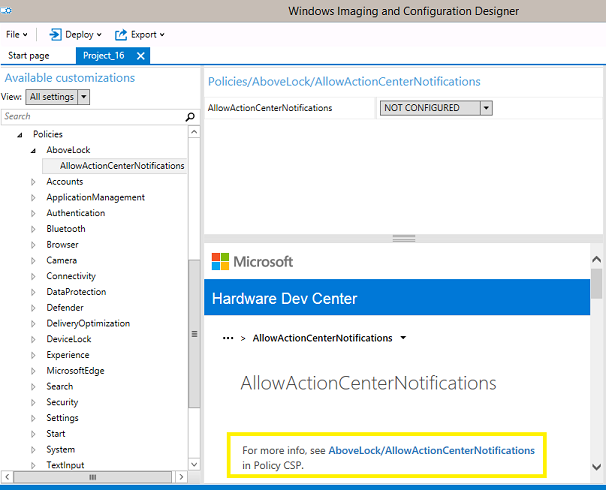 No Windows Configuration Designer, como os conteúdos de ajuda são apresentados no ICD.