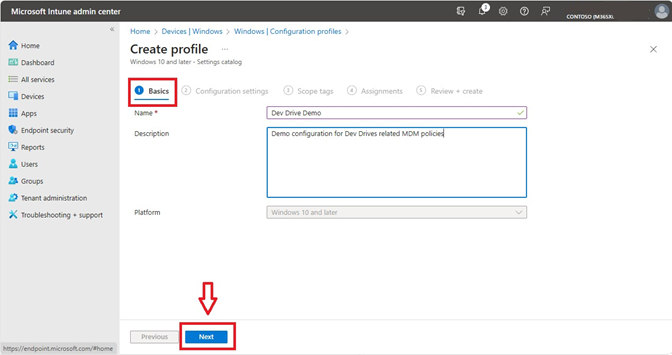 Captura de tela Microsoft Intune criando um perfil de configuração