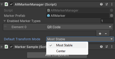 O campo Inspetor de modo de transformação padrão do componente ARMarkerManager