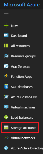 Captura de tela da janela do Microsoft Azure, que mostra o item Contas de Armazenamento no menu de navegação à esquerda.