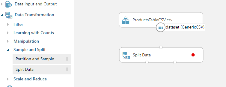 Captura de tela da janela Experimento, que mostra os itens Partição e Amostra e Dividir Dados no menu com Dividir Dados aplicados à Tela.