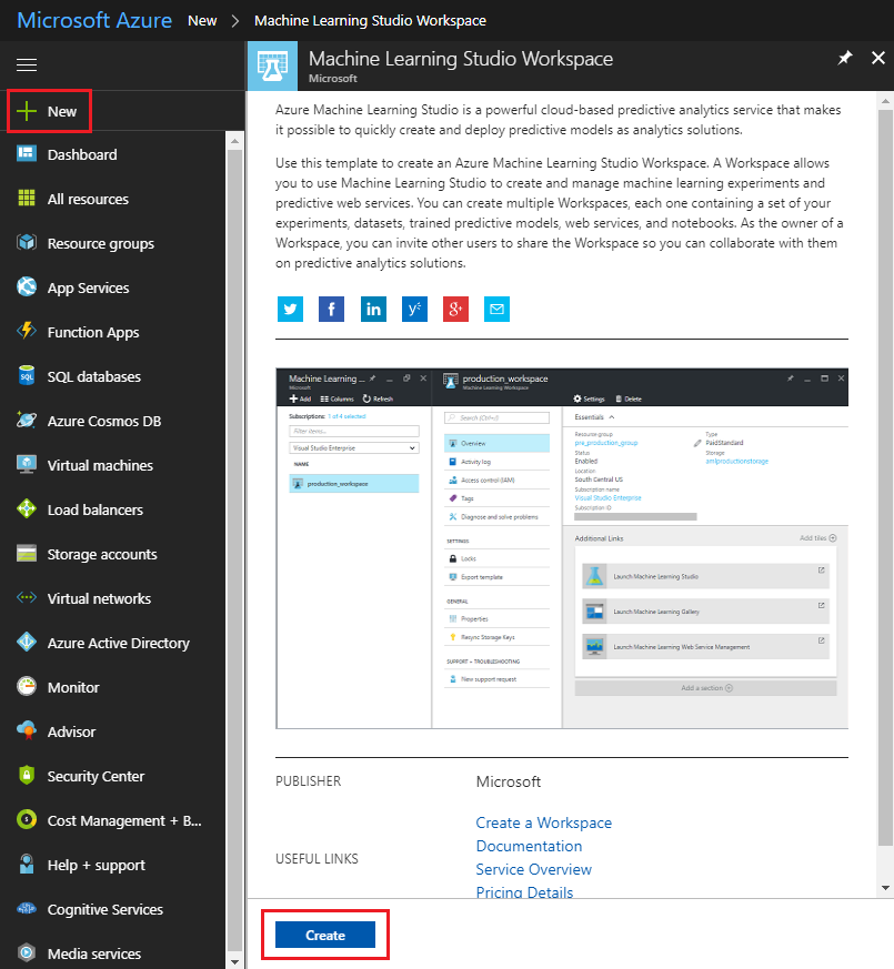 Captura de tela da janela do Microsoft Azure, que mostra o espaço de trabalho do Machine Learning Studio no painel de conteúdo.