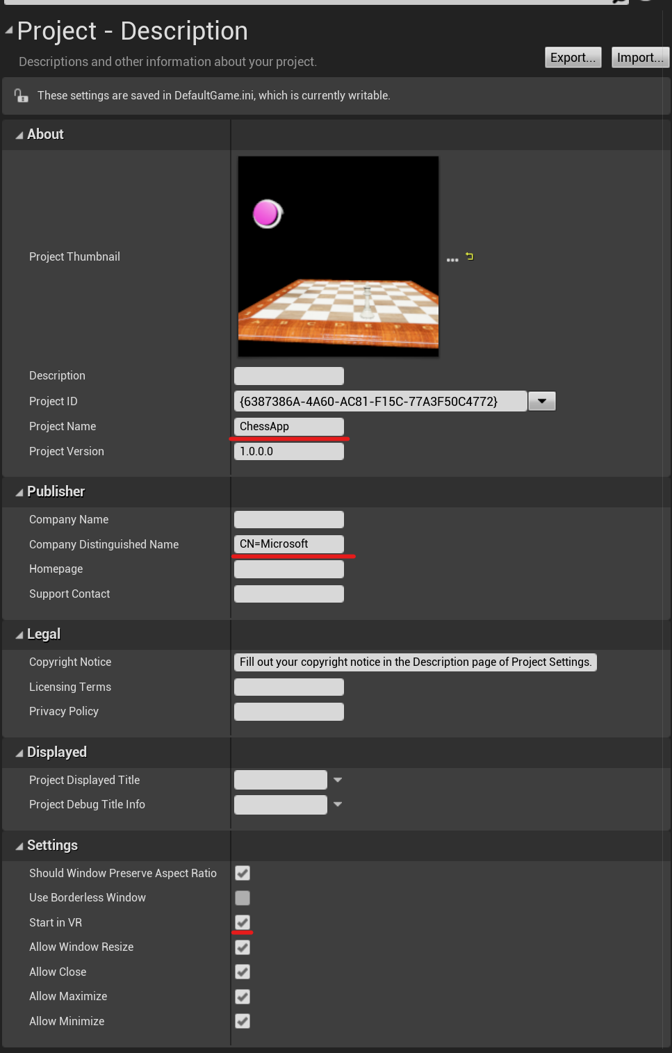 Configurações do projeto – descrição