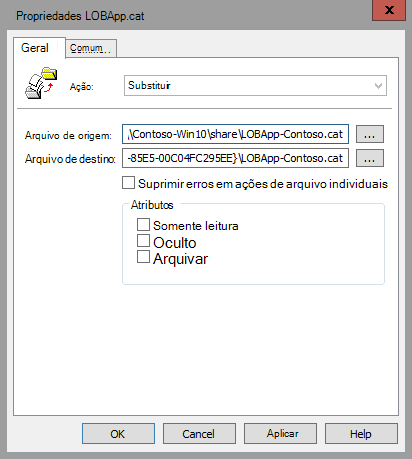 Propriedades do Ficheiro, opção Substituir.