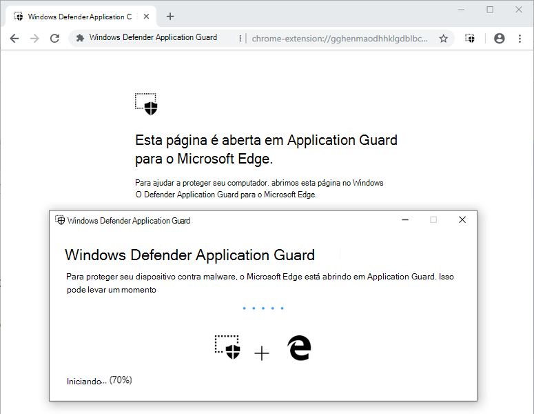 Um site não empresarial a ser redirecionado para um contentor de Application Guard - o texto apresentado explica que a página está a ser aberta no Application Guard para o Microsoft Edge.