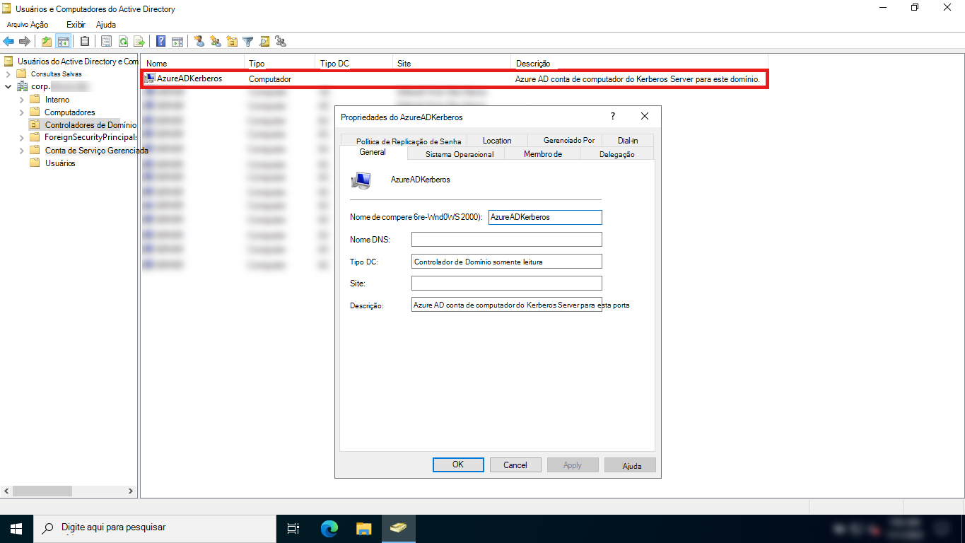 Captura de ecrã da consola Utilizadores e Computadores do Active Directory a mostrar o objeto de computador que representa o servidor Microsoft Entra Kerberos.