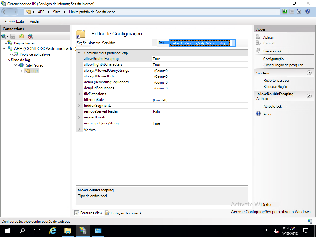 O Editor de Configuração do IIS está a fazer duplo escape.
