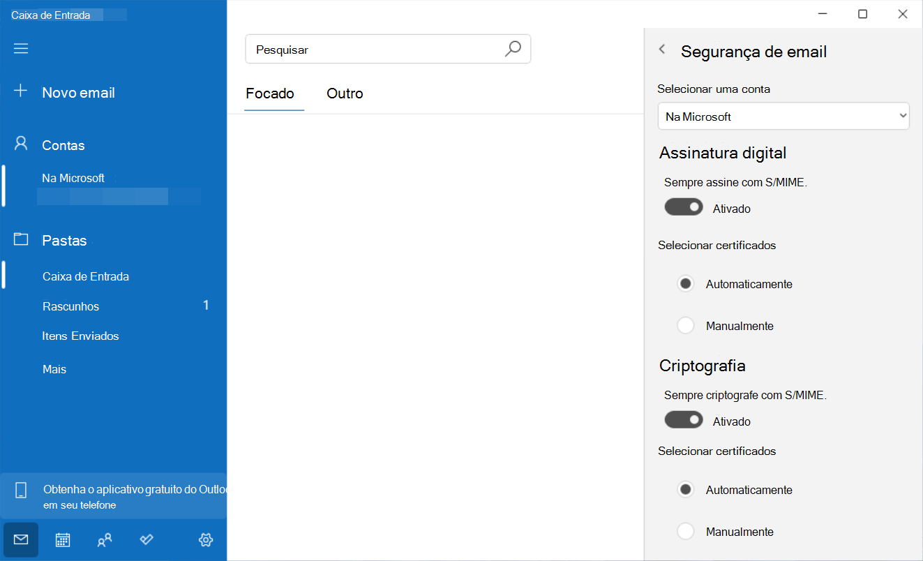 Captura de ecrã da aplicação Correio do Windows, definições de segurança.