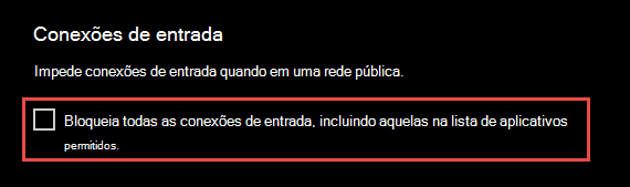 Captura de tela do aplicativo Segurança do Windows mostrando conexões de entrada.