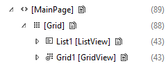 Captura de tela da árvore visual com a exibição de lista.