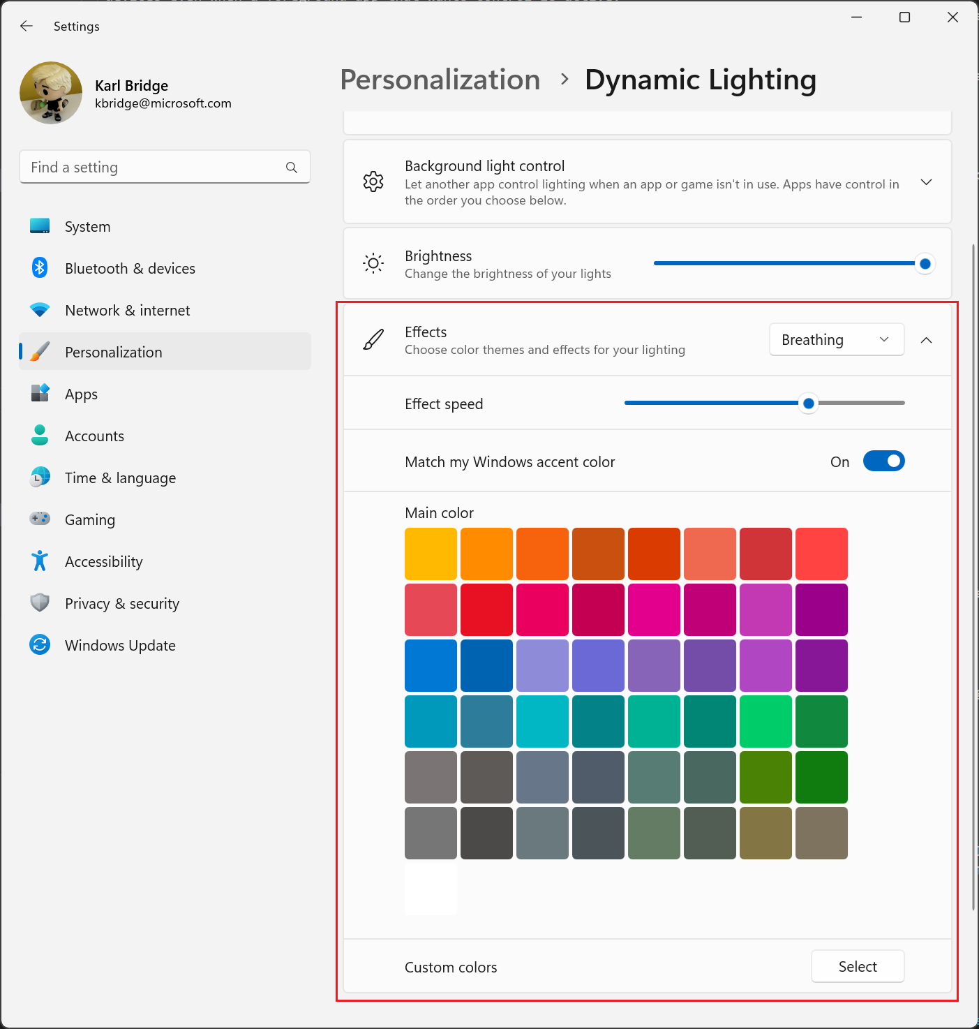 Captura da tela “Efeitos” das configurações de iluminação dinâmica.