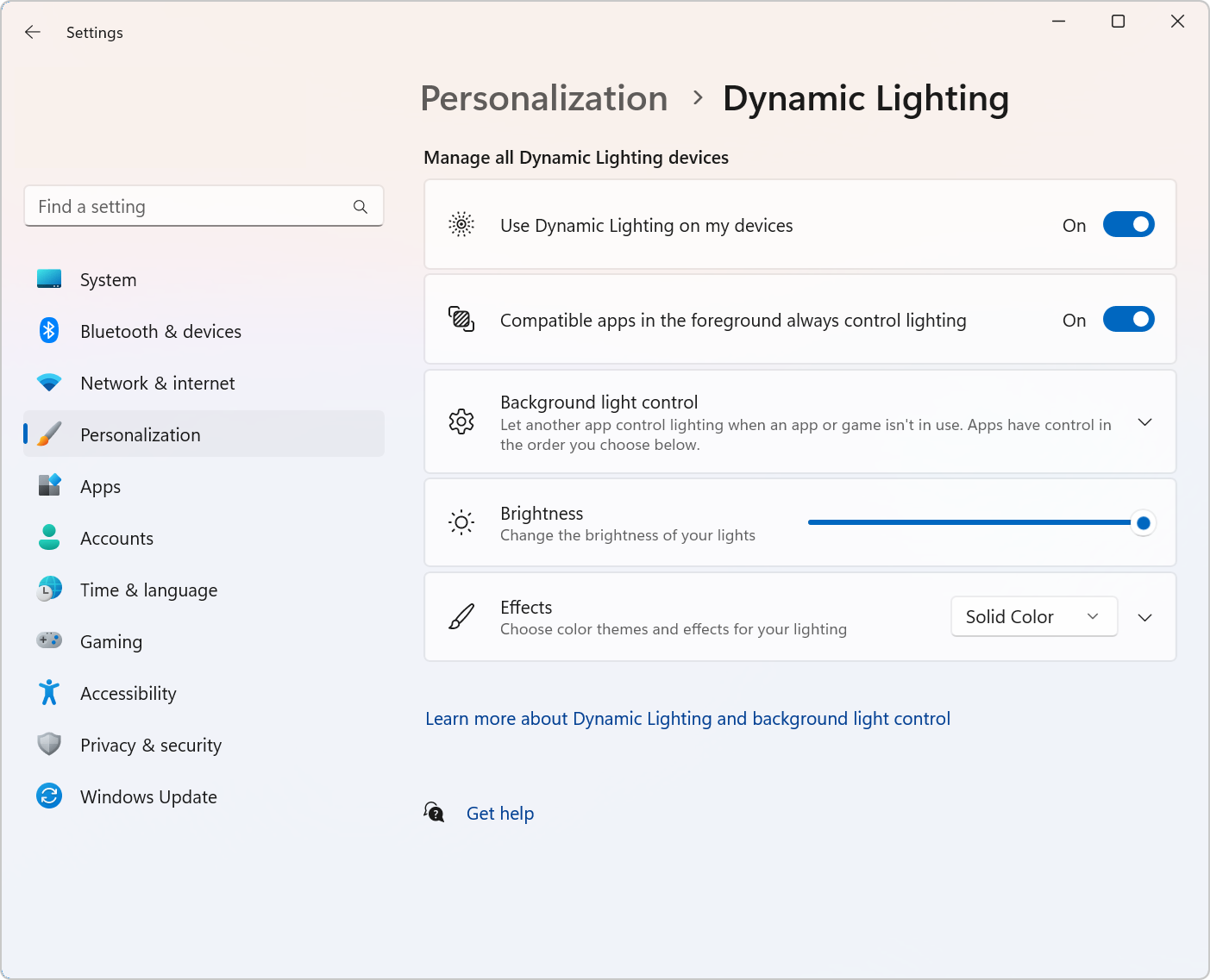 Captura da tela de configurações de iluminação dinâmica.