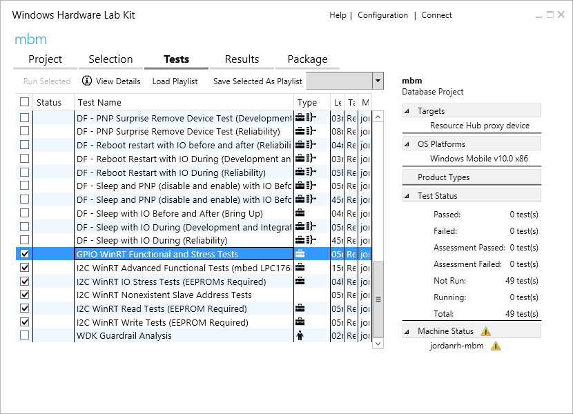 Captura de tela do Windows Hardware Lab Kit mostrando a guia Testes com a opção G P I O Win R T Functional and Stress Tests selecionada.