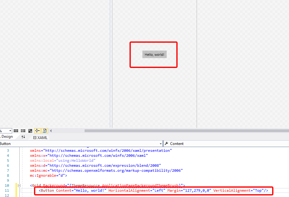 Captura de tela do botão Olá, Mundo com uma caixa vermelha em torno dele e o code-behind do botão.