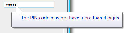 captura de tela de um balão indicando limites de código PIN