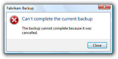 captura de tela da mensagem: não é possível concluir o backup 