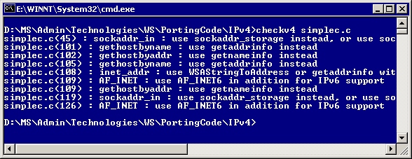 O checkv4.exe relata incompatibilidades IPv6 no arquivo simplec.c