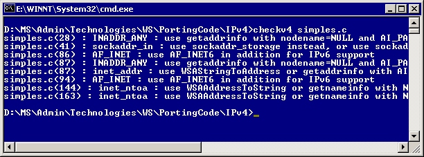 O checkv4.exe relata incompatibilidades IPv6 no arquivo simples.c