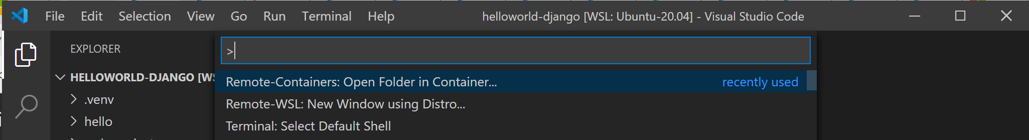 Comando Contêineres de desenvolvimento do VS Code