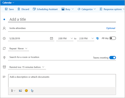 Captura de tela do suplemento de Reunião do Teams no Microsoft Outlook Web App.