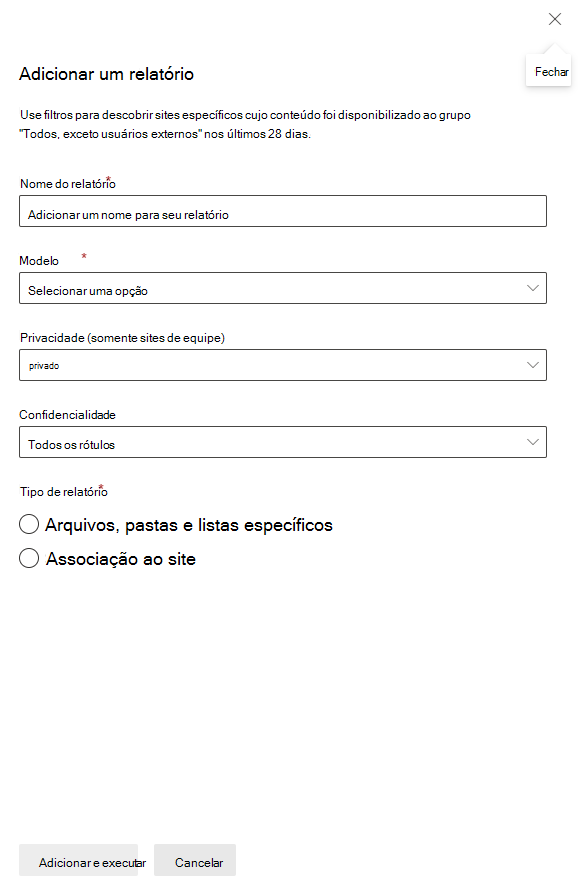 Captura de ecrã que mostra a criação de um relatório de todos, exceto utilizadores externos