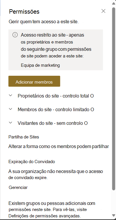 captura de ecrã da página de permissões do site para controlo de acesso restrito.