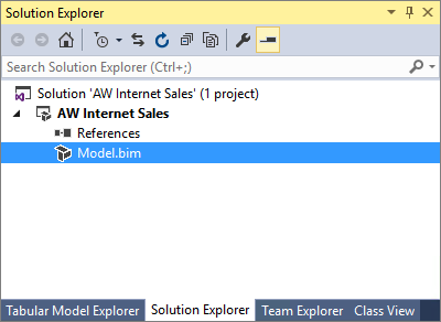 Captura de tela da seção Gerenciador de Soluções com o arquivo Model.bim realçado.