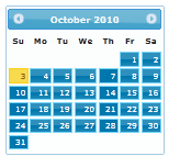 Captura de tela de um j Query UI 1 ponto 11 ponto 4 Calendário com o tema Iniciar.