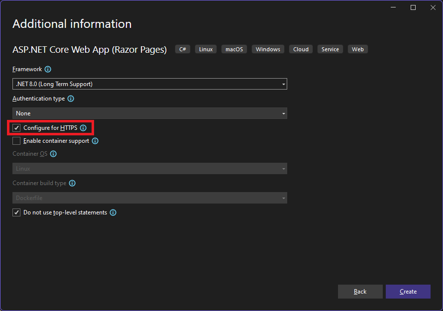 Caixa de diálogo informações adicionais para o novo modelo de aplicativo Web do ASP.NET Core, mostrando a caixa de seleção Configurar para HTTPS