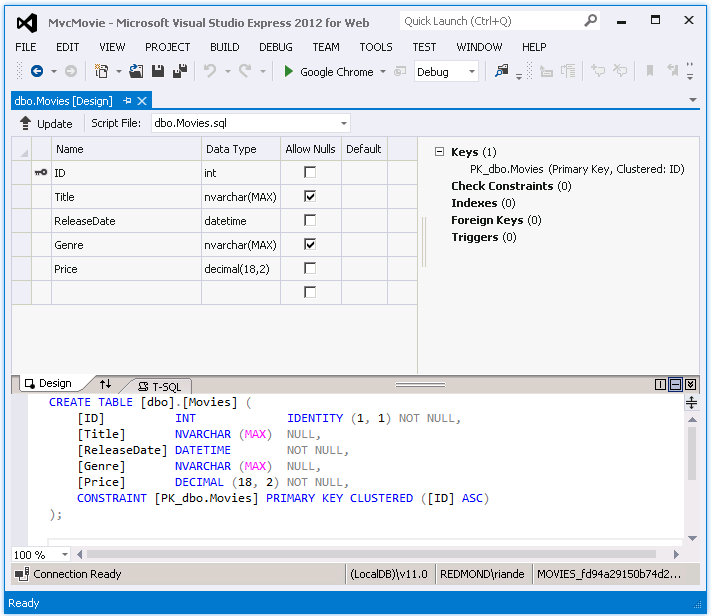 Captura de tela que mostra a guia Filmes d b o dot e o Código do Entity Framework abaixo.