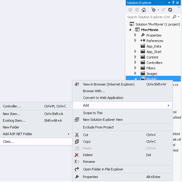 Captura de tela que mostra a janela Gerenciador de Soluções. Adicionar está selecionado no menu Modelos com o botão direito do mouse e Classe está selecionada no sub menu.