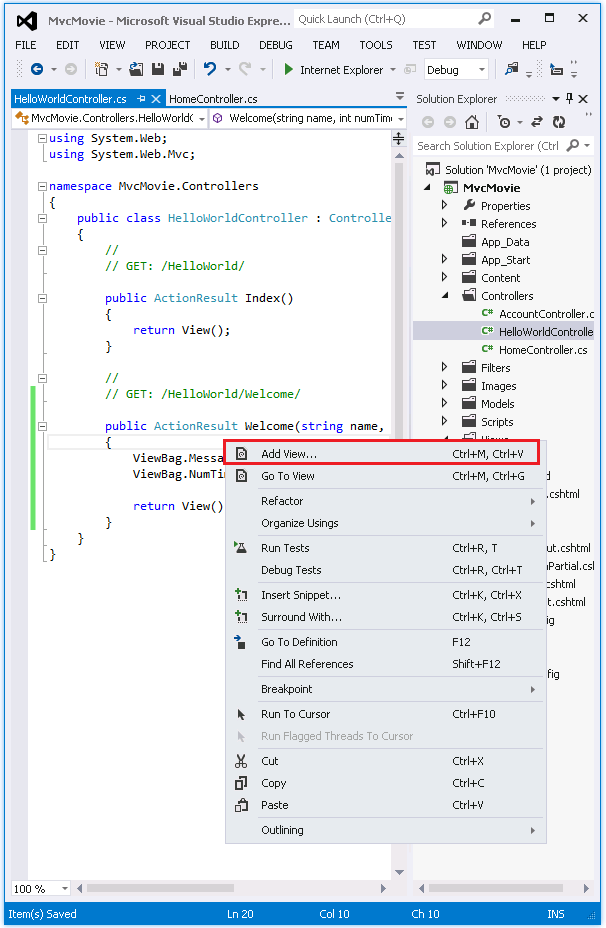 Captura de tela que mostra a guia Olá, Mundo Controlador do ponto c s. Na janela Gerenciador de Soluções, Adicionar Exibição está selecionado no menu de clique com o botão direito do mouse no Olá, Mundo Controller.