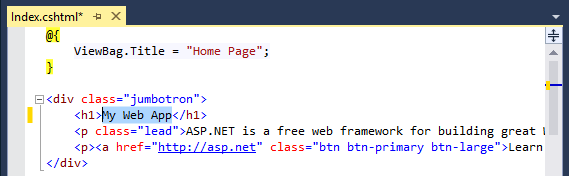 Captura de tela do Visual Studio, com o projeto A SP dot Net exibido e o título H 1 realçado.