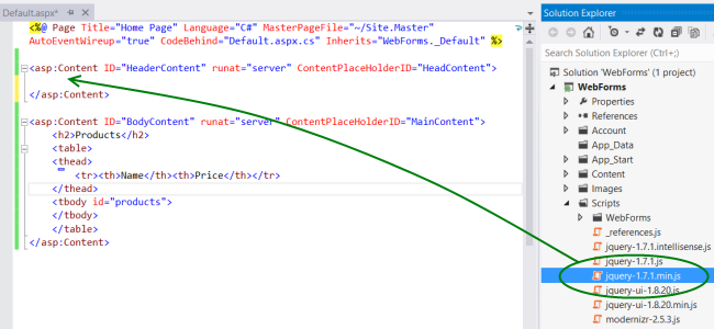 Capturas de tela das janelas do gerenciador de soluções e do editor de código, usando uma seta verde para mostrar onde remover o script no código.